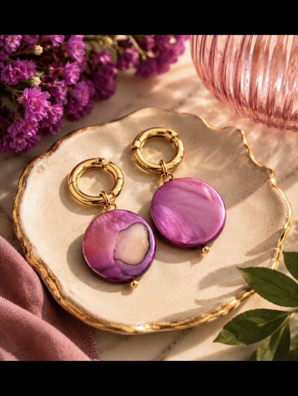 18k Gold Palted Puple  Pinkish Mother Of Pearl  Earrings